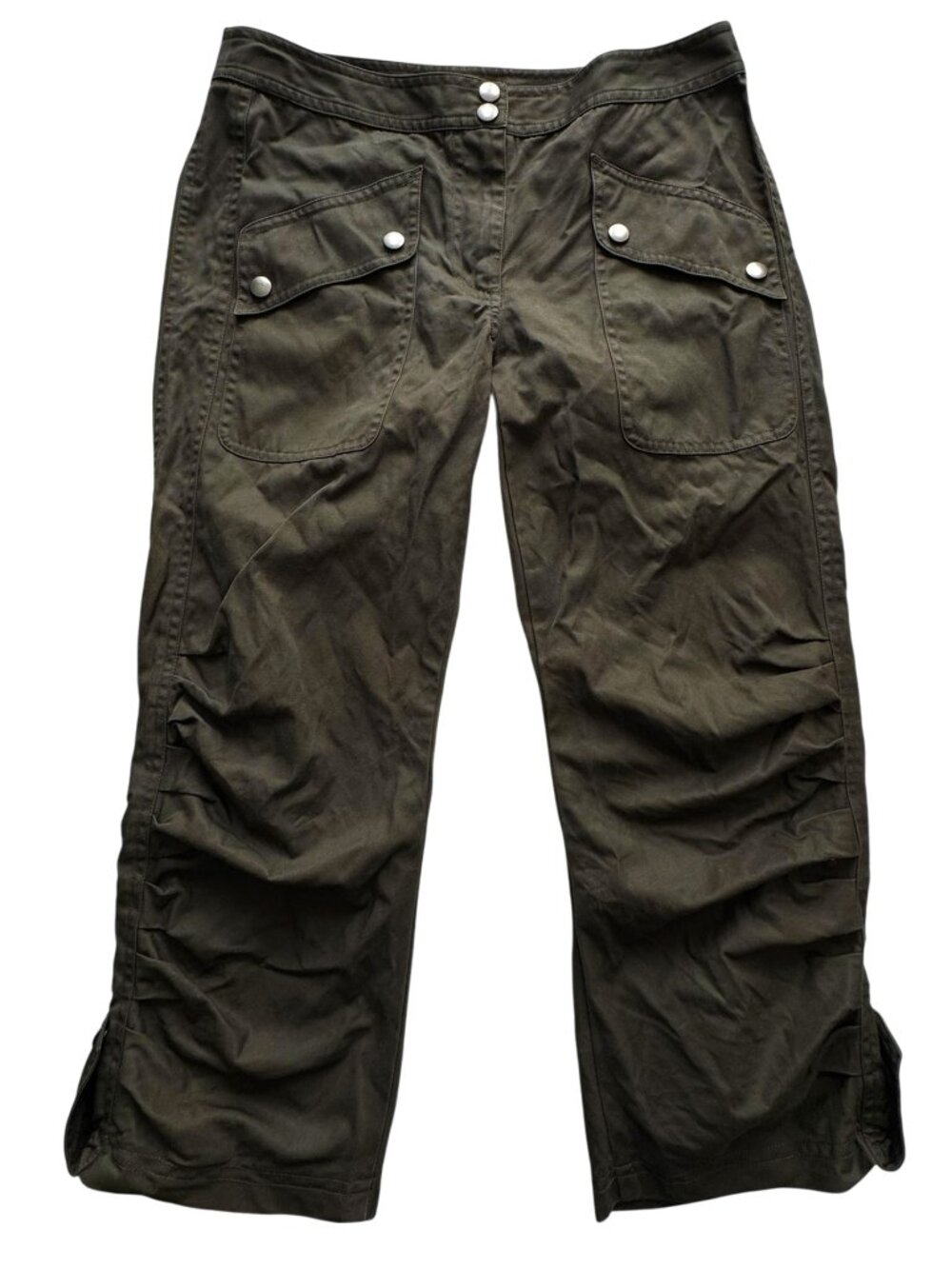 bebe Women’s Olive Vintage-Style Y2K Ruched Utility Capri Pants, Sz 6